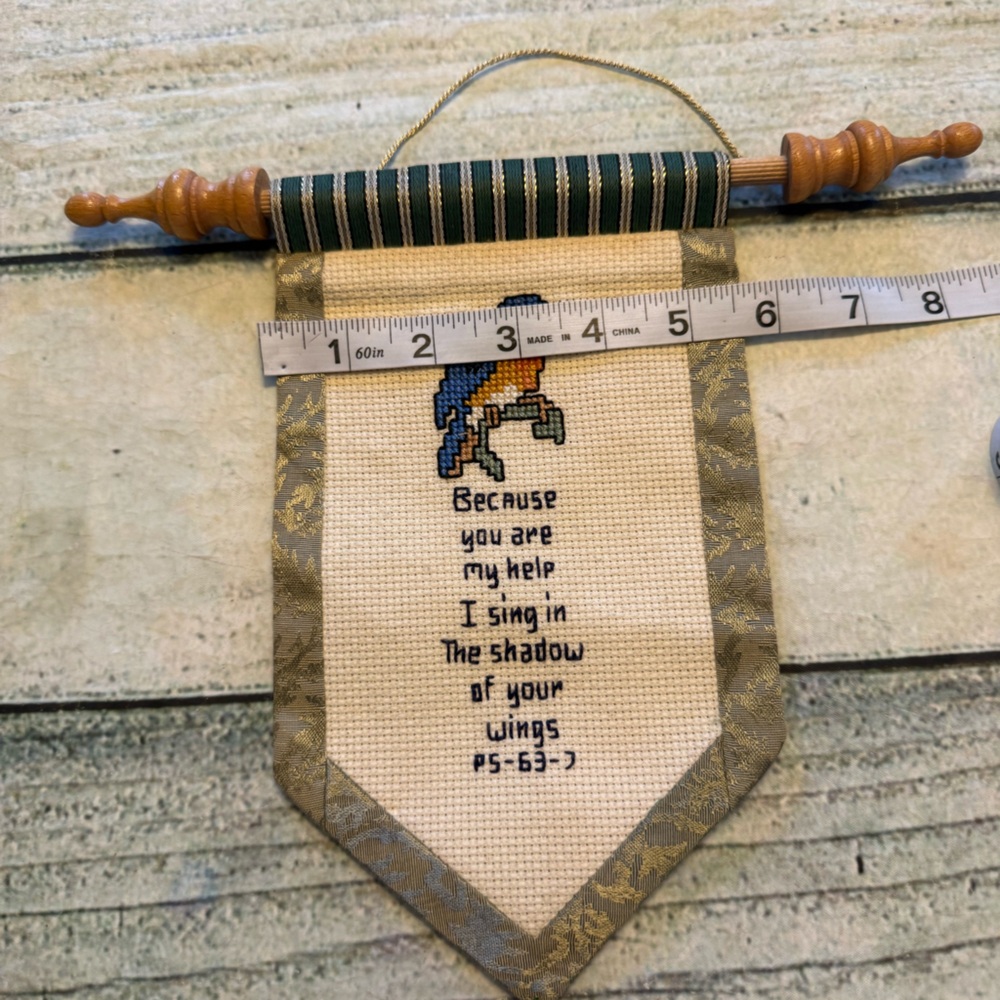 Vintage Grandmacore needlework bird wood rod hanging Bible verse wall art. - Picture 3 of 5